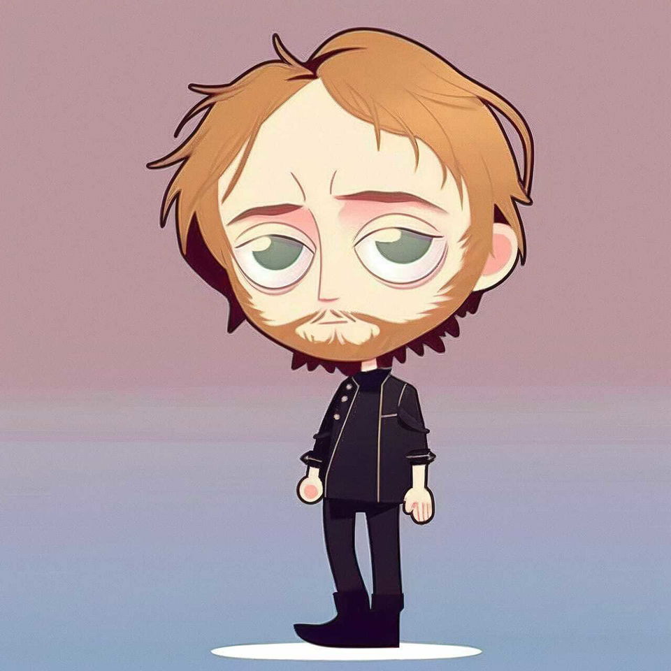 Thom Yorke as a chibi anime character, with soft pastel colors and gentle lighting
