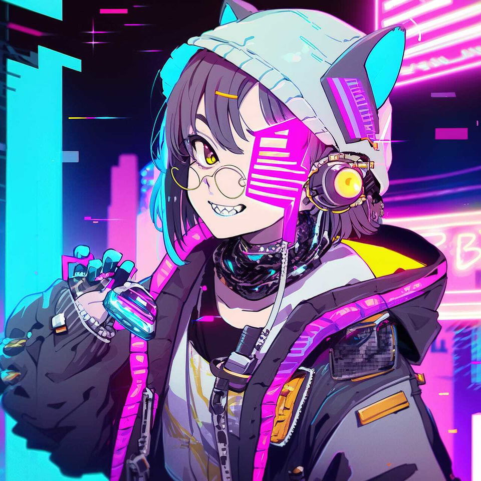 Cyberpunk anime girl with cat-ear hood, neon magenta and cyan lighting, detailed digital art