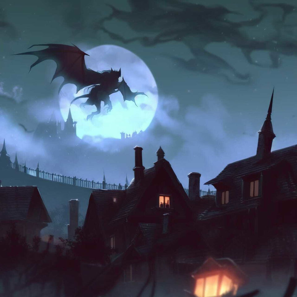 Nazgul flying over a sleeping town in dark anime-style art with a blue moonlit palette