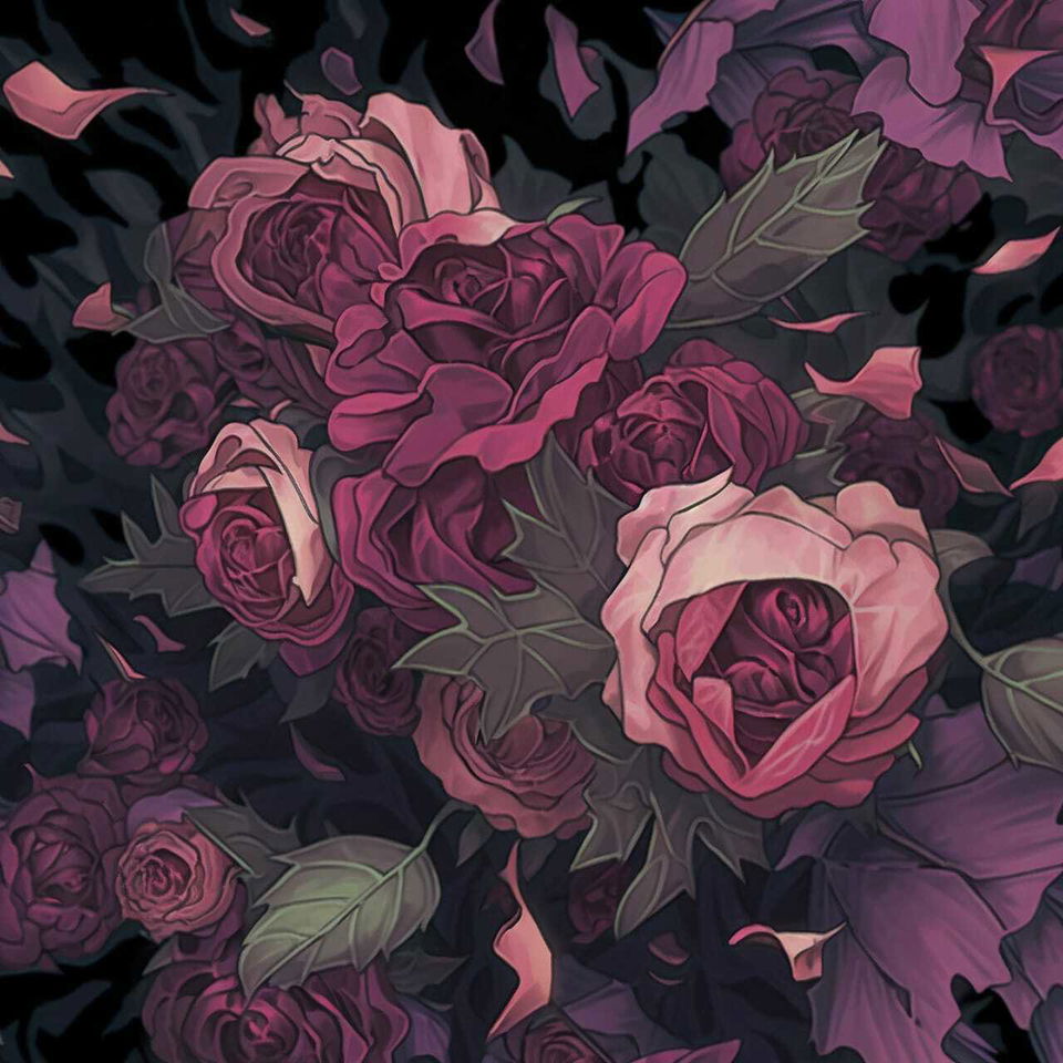Decaying peonies in anime-style digital art with dark plum and pink tones
