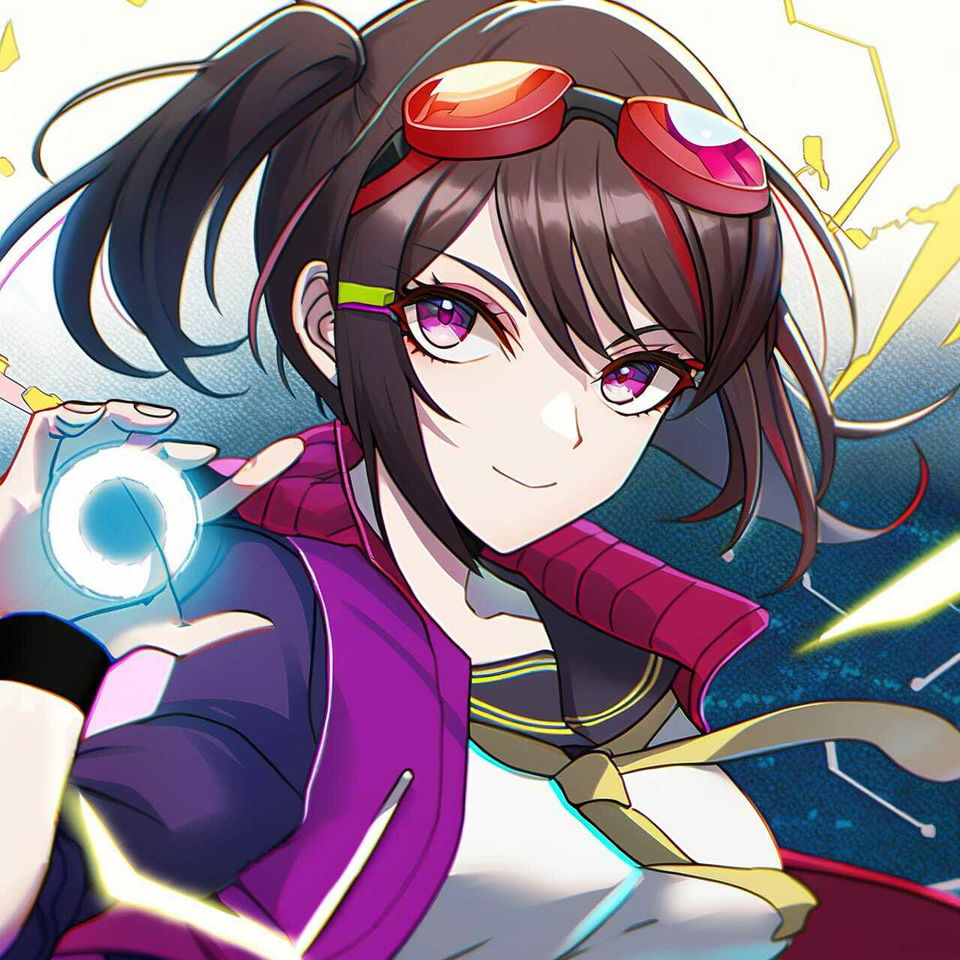 Tech genius teenage girl with goggles and glowing orb, vibrant anime art with neon lighting