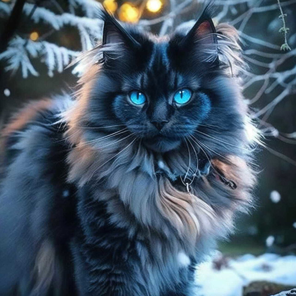 Cute Maine Coon cat with luminous blue eyes, fluffy fur, and cool blue winter lighting