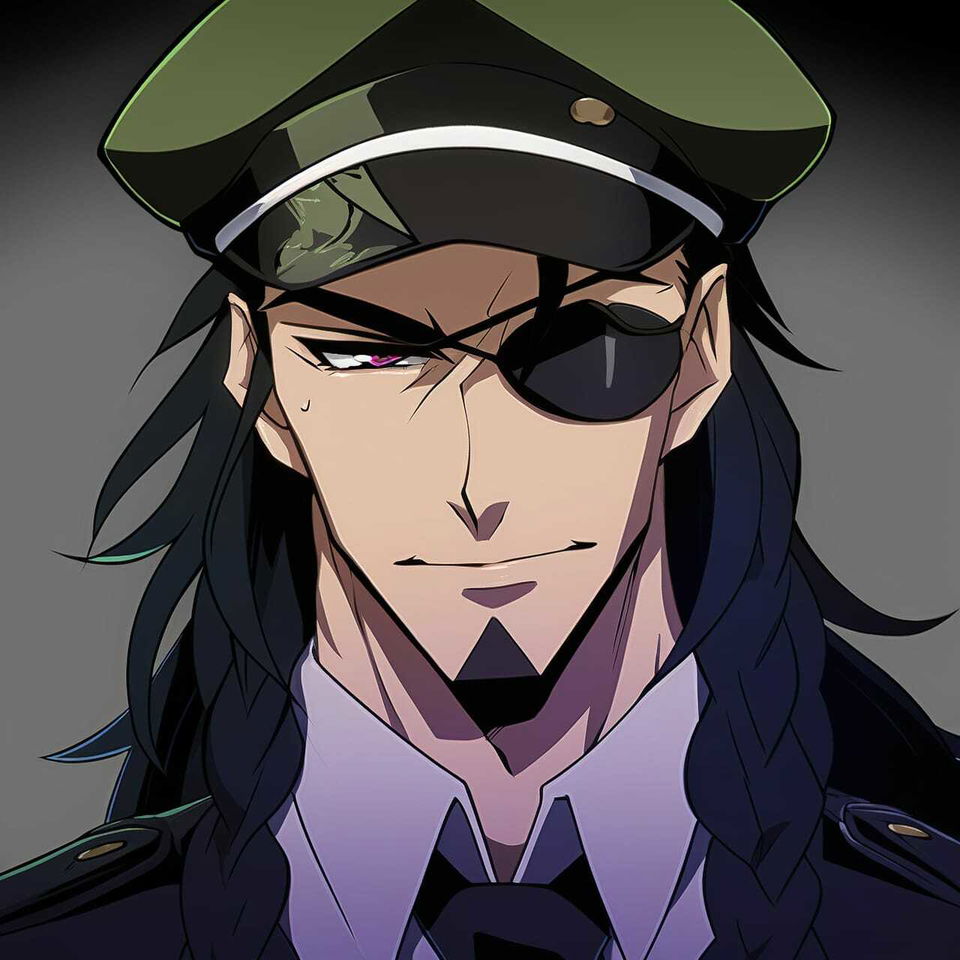 Chernobog in a peaked cap and eyepatch, anime-style with dark tones and dramatic shading