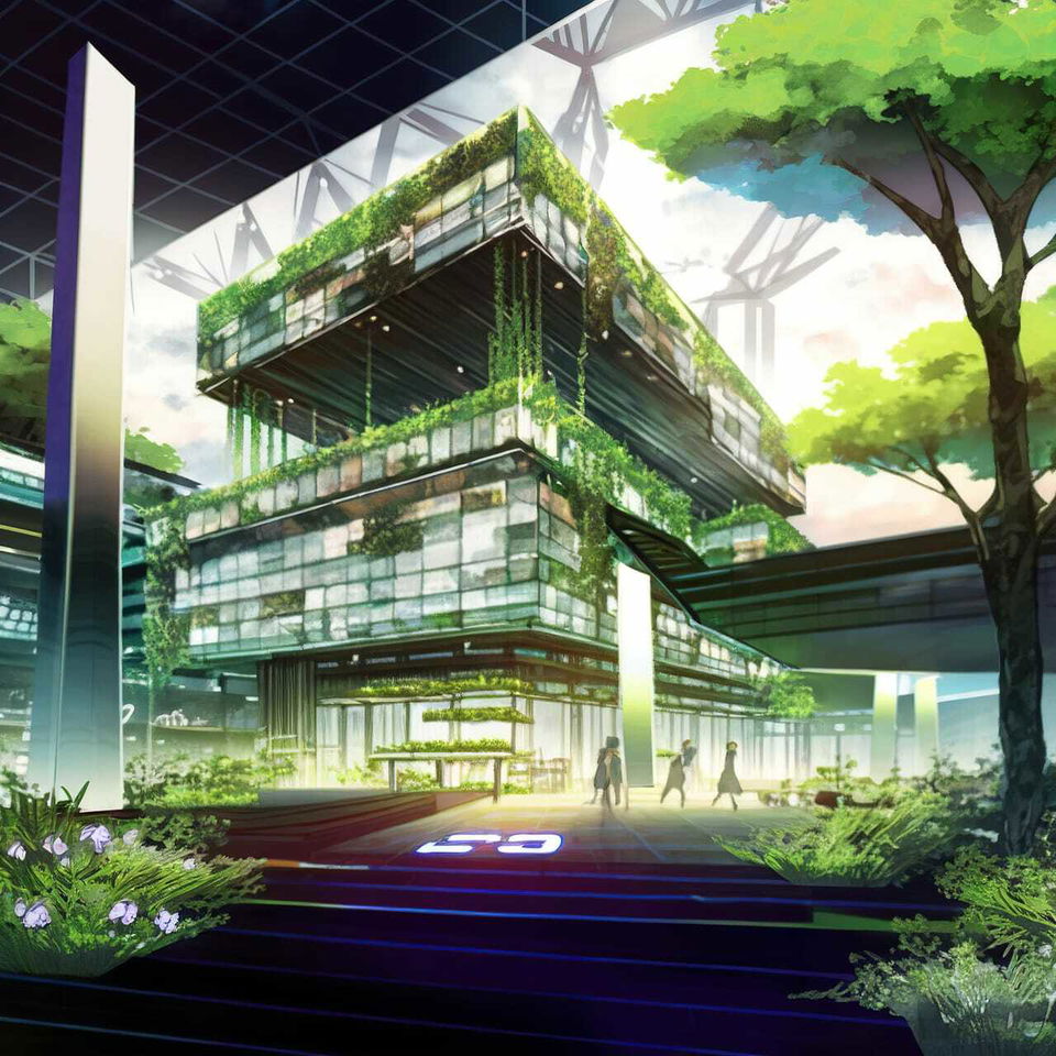 Verdant bioarchitecture with a tiered glass building, anime illustration, green palette and sunlight