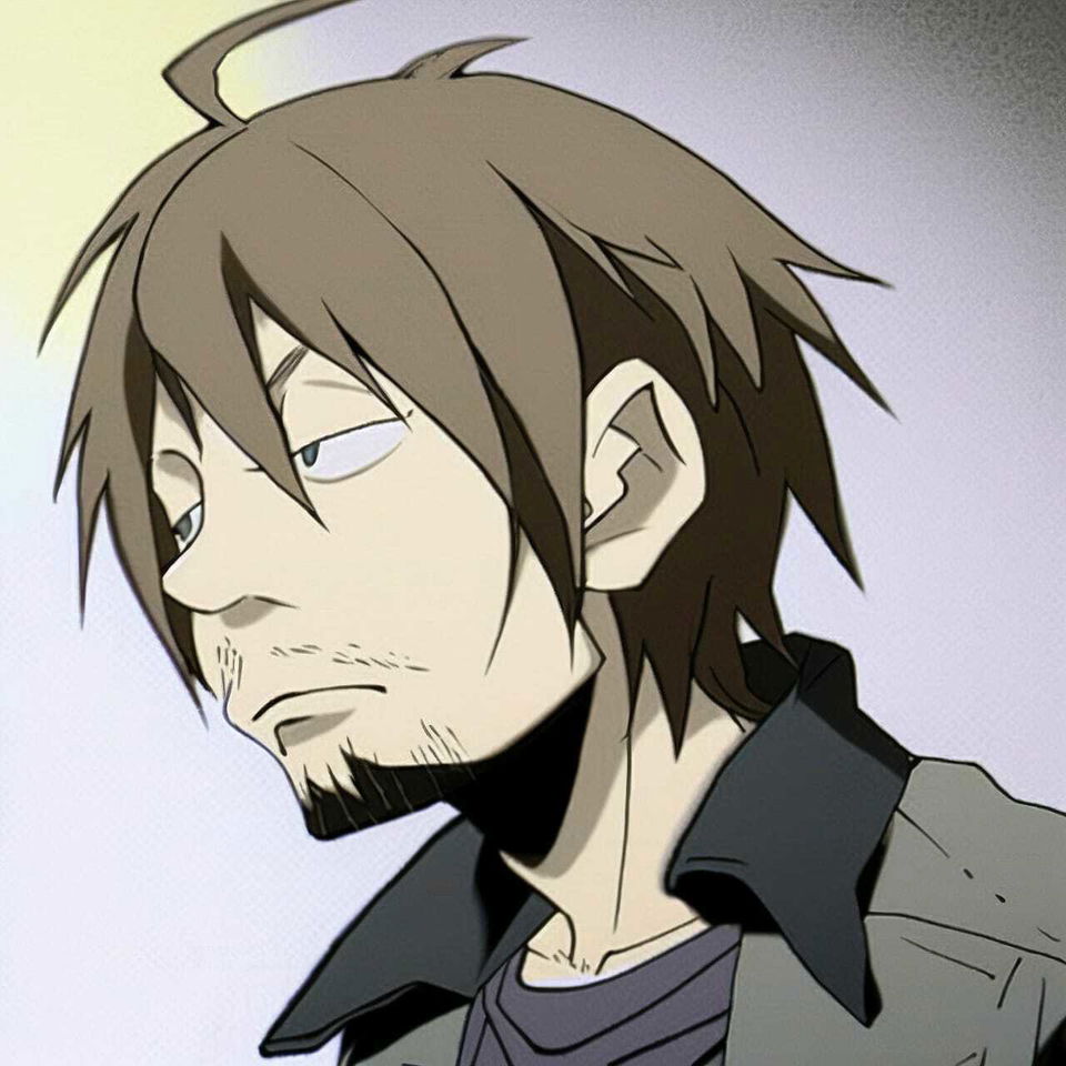 Thom Yorke as a tousle-haired anime character in muted colors with soft light