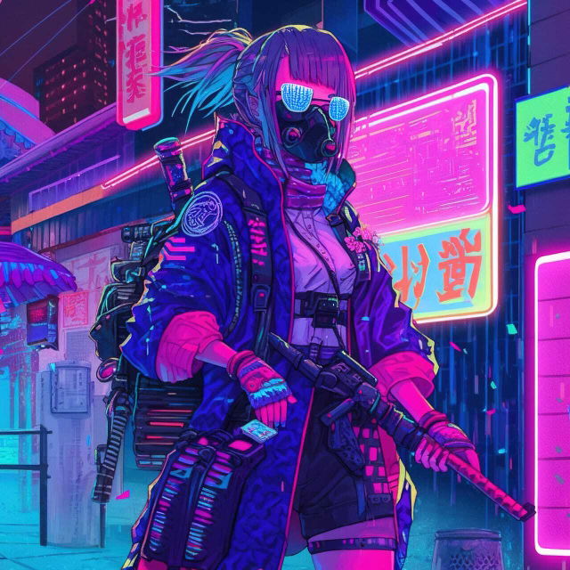 Cyberpunk character in gekiga anime style, neon magenta and blue palette with glowing city light