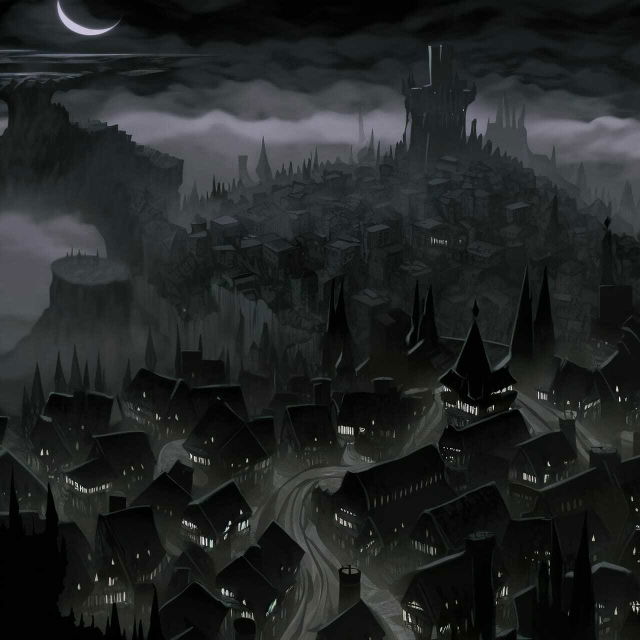 A dark fortress town beneath a crescent moon, rendered in gloomy monochrome anime style