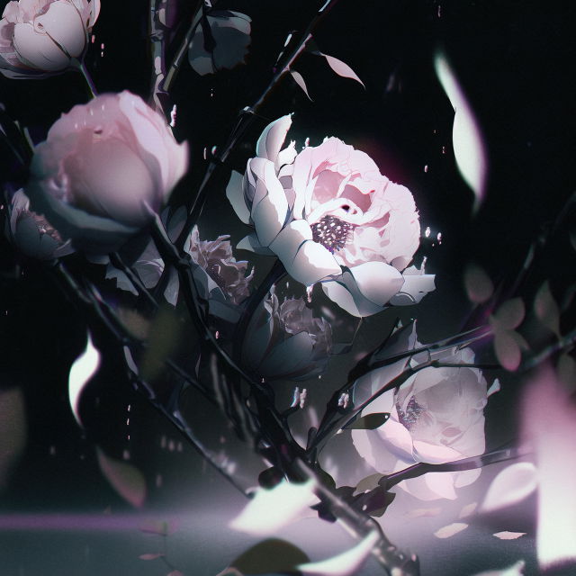 Decaying peonies in a dark, stylized anime illustration with pale pink petals and dramatic lighting