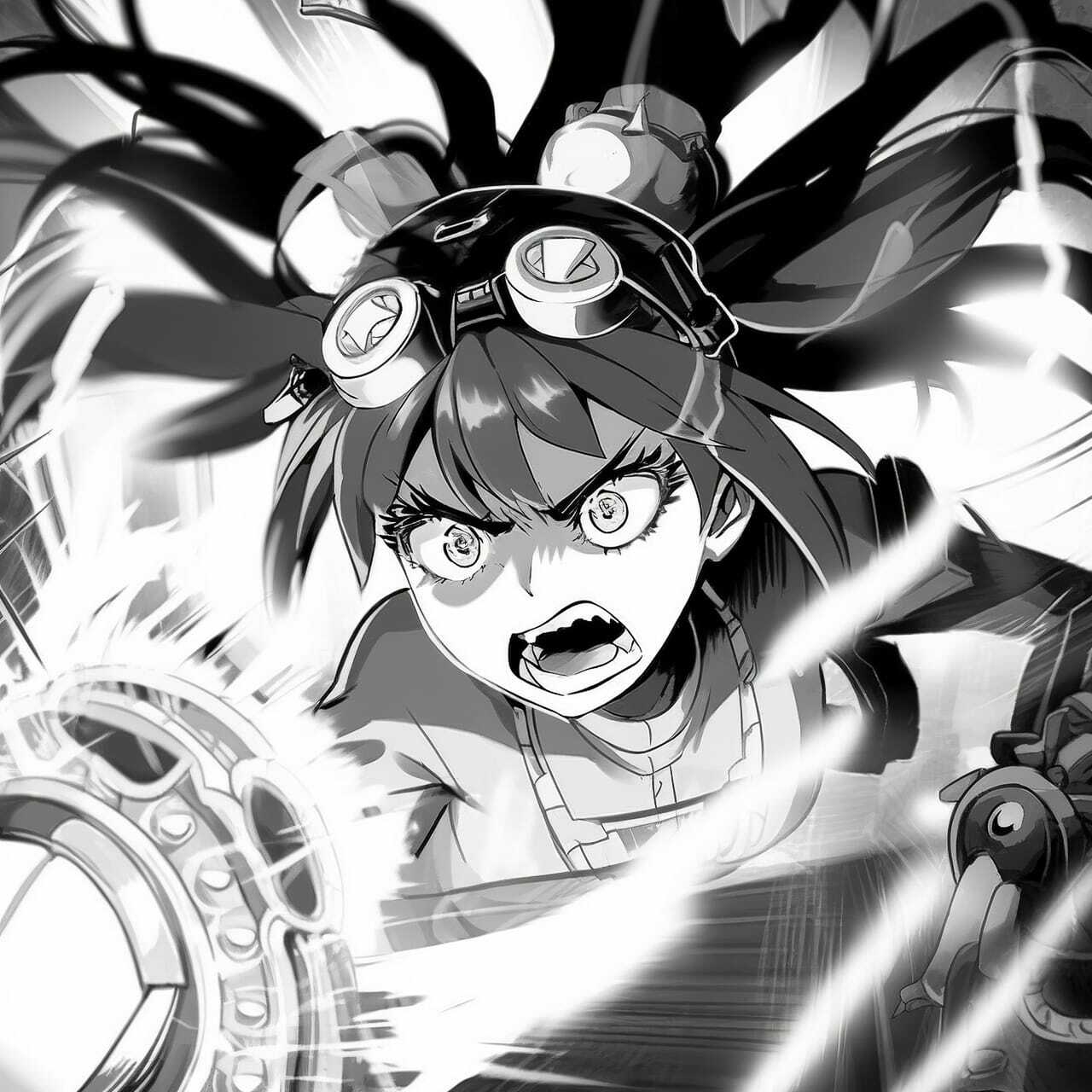 Tech genius teenage girl with goggles amid machinery, in dramatic black-and-white gekiga anime style