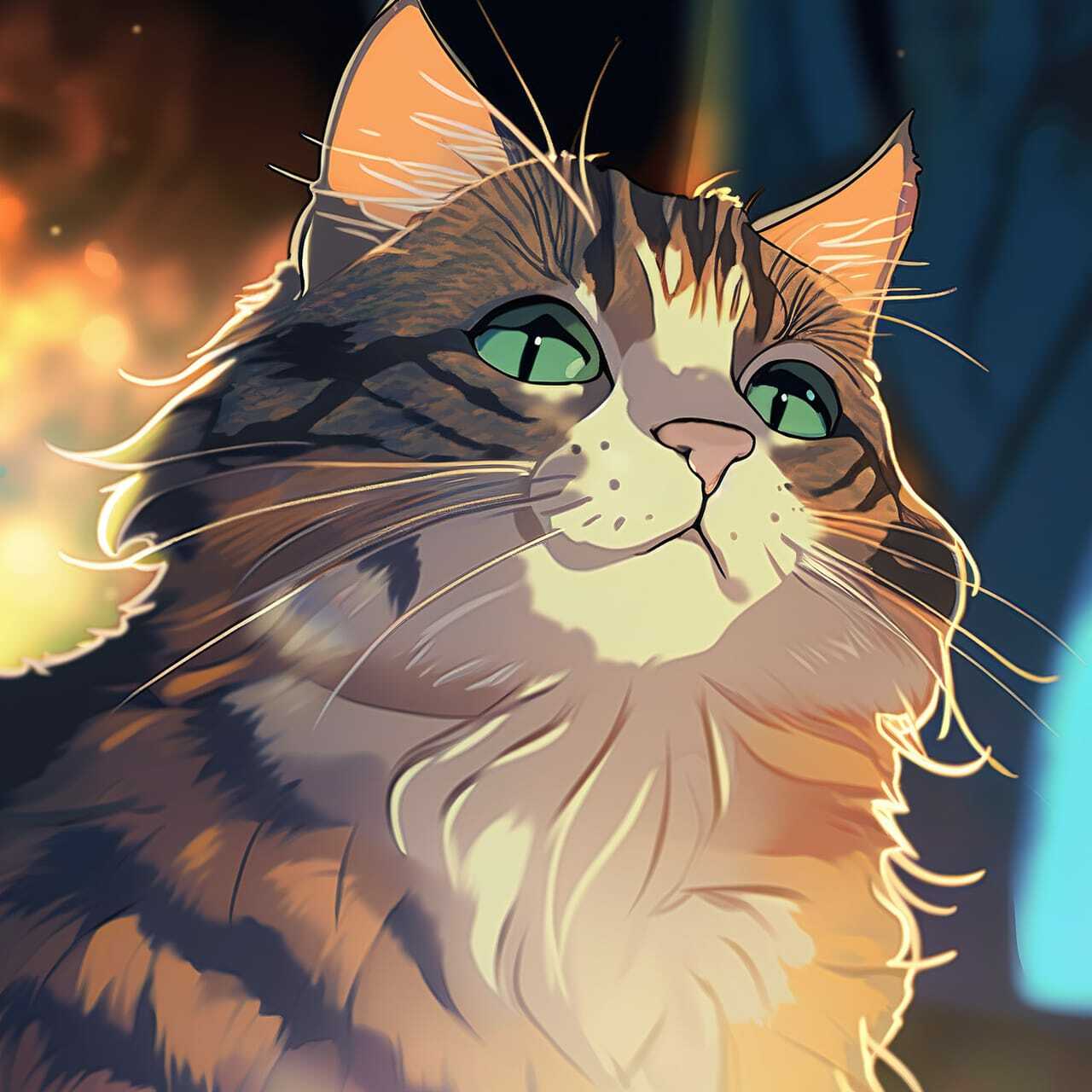 Cute Maine Coon cat in colorful, warmly lit anime-style digital art