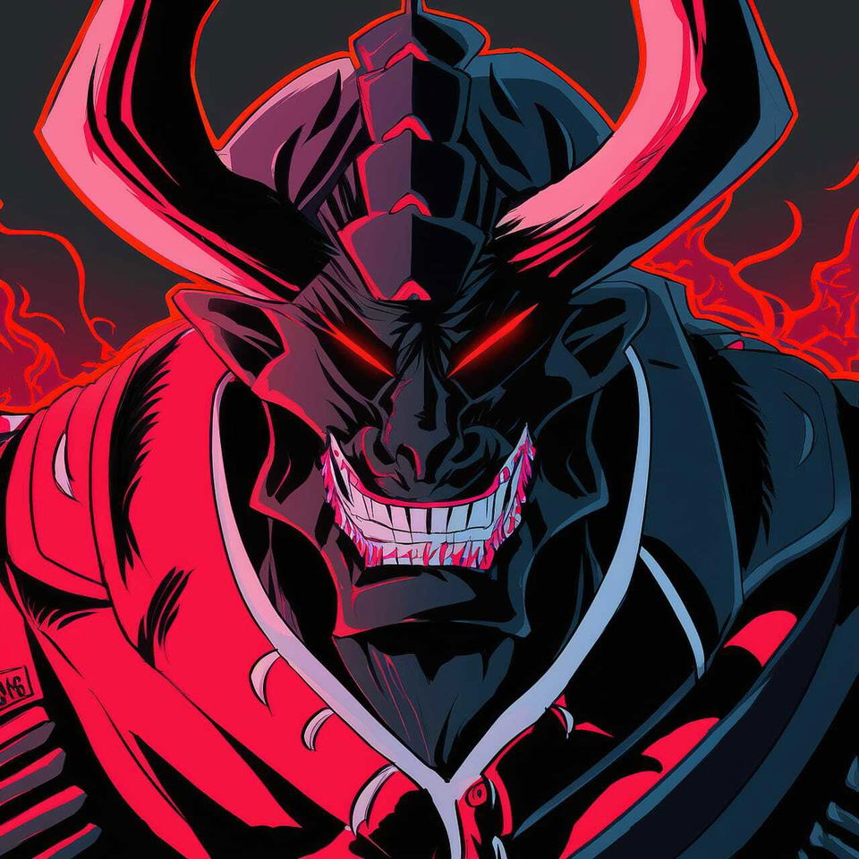 Chernobog, a horned demon in bold gekiga anime linework with black, crimson, and pink lighting