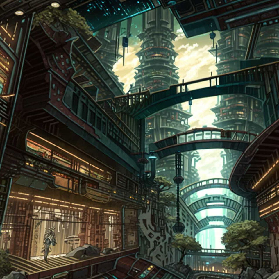 Futuristic bioarchitectural city with layered towers and bridges, dark teal anime palette