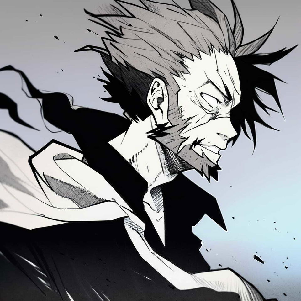 Thom Yorke in a dynamic black-and-white gekiga anime portrait with sharp ink lines