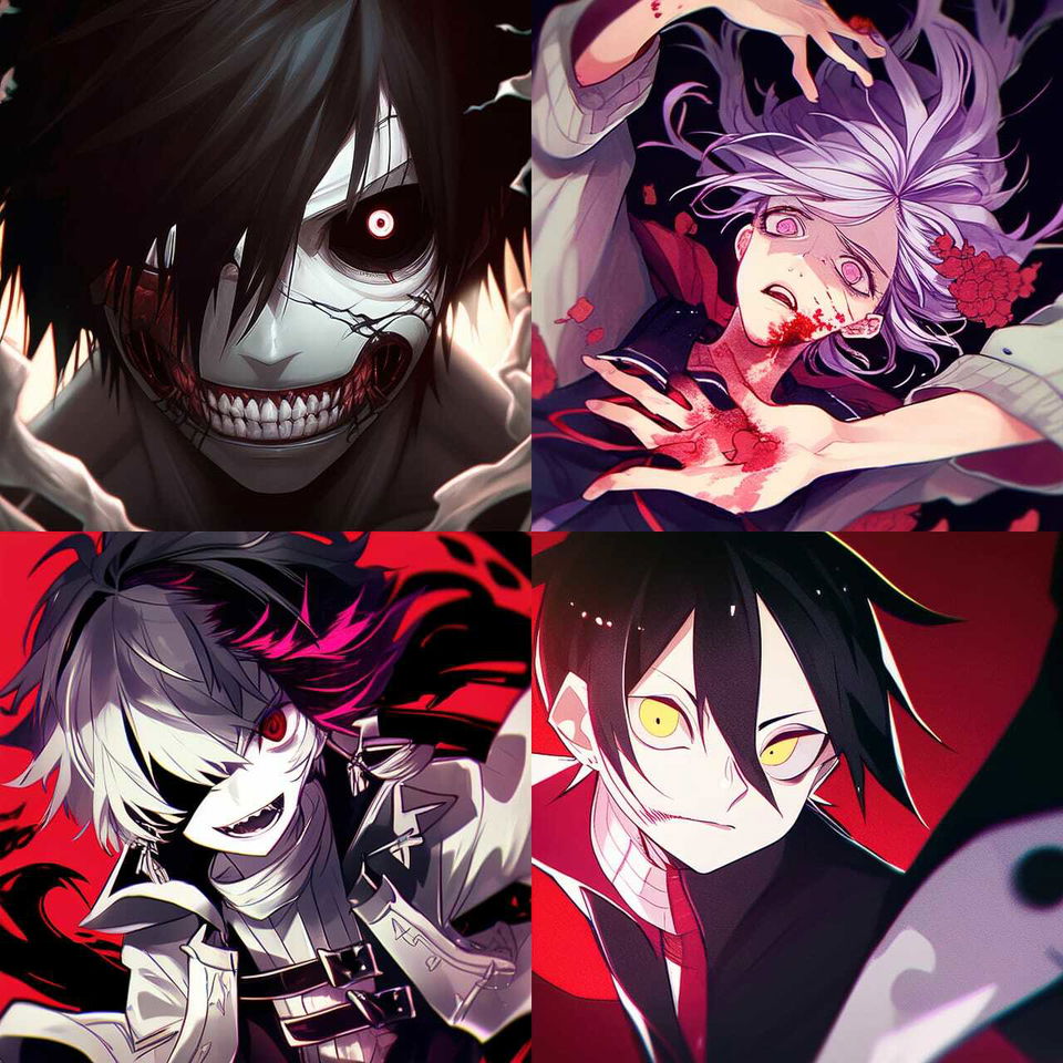Horror anime character portraits with grotesque faces, vivid red-purple palette, dramatic lighting