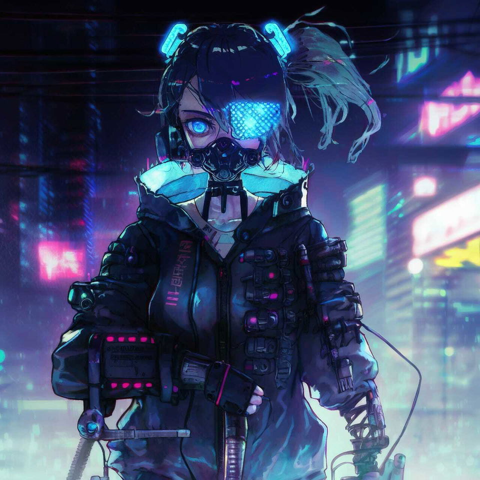 Cyberpunk character in anime style, rendered with neon blue and magenta lighting