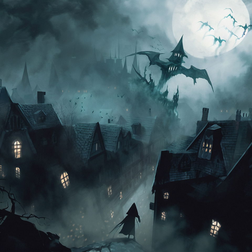 Nazgul looming over a sleeping town in dark anime art, blue-gray palette and moonlit fog