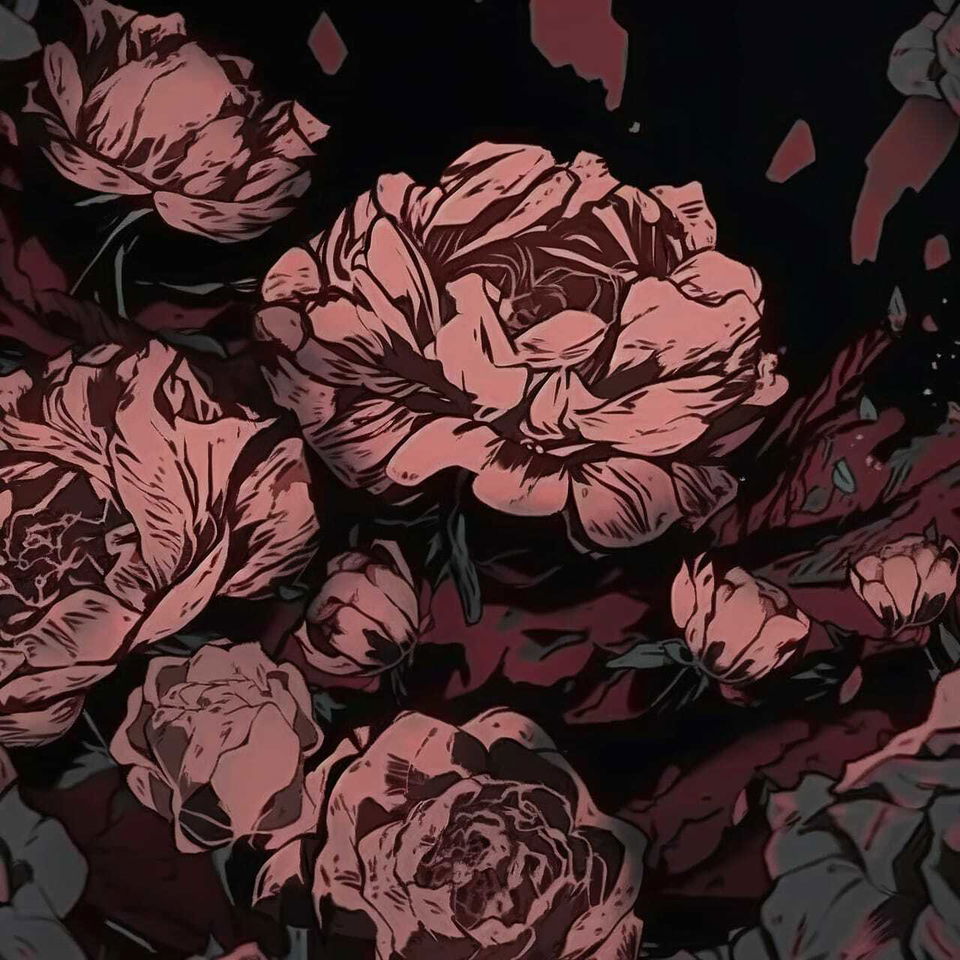 Decaying peonies in dark horror anime art with muted pink and burgundy tones