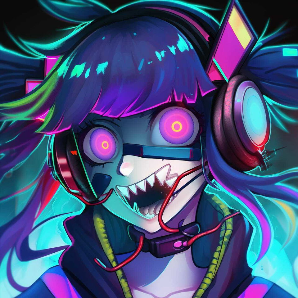 Tech genius teenage girl with headphones in neon horror anime style, vivid cyan and magenta light