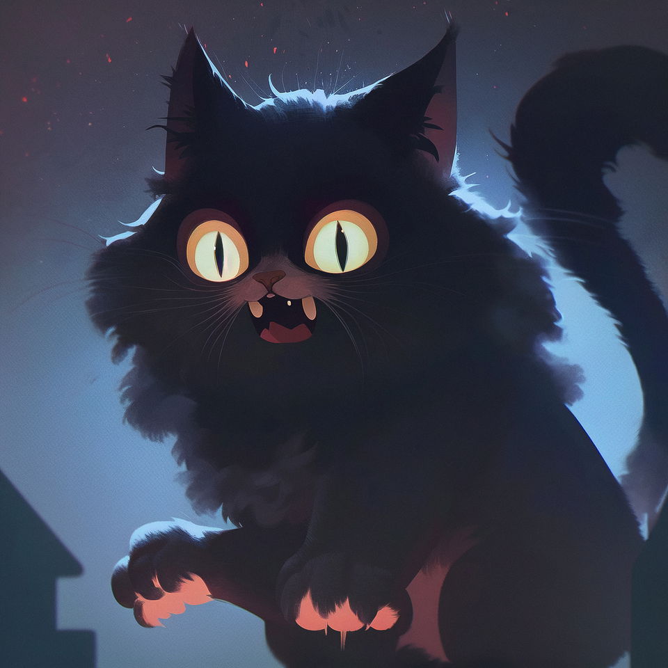 Cute Maine Coon cat with glowing eyes in dark anime-style art, blue and red lighting