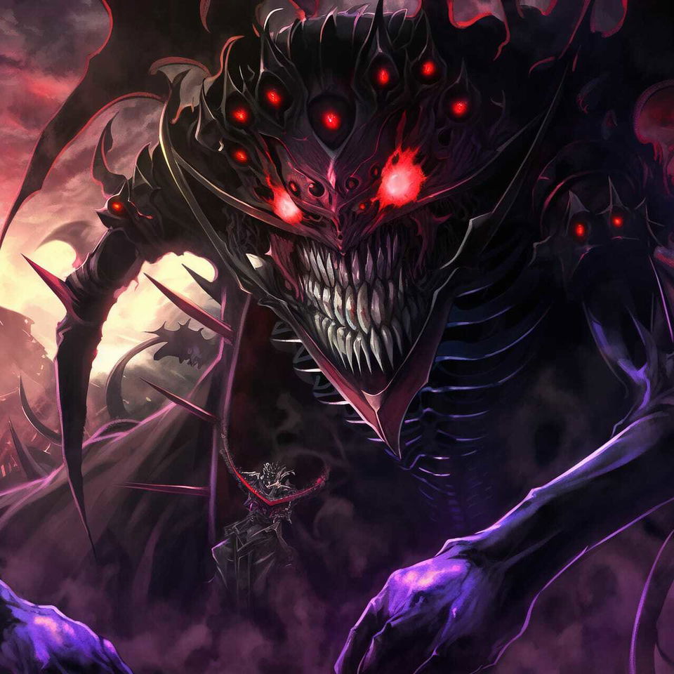Chernobog, a towering horned demon with glowing red eyes and jagged teeth in dark anime horror art