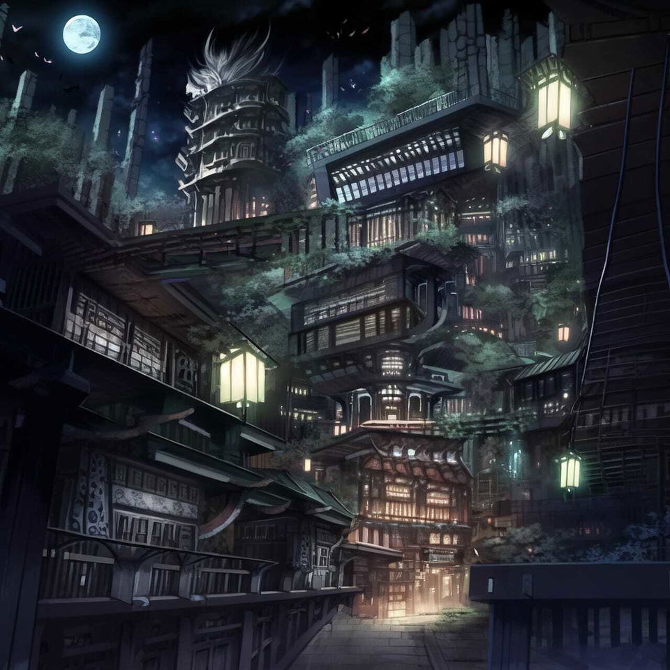 Vertical bioarchitecture city of stacked buildings, dark anime palette and glowing lanterns