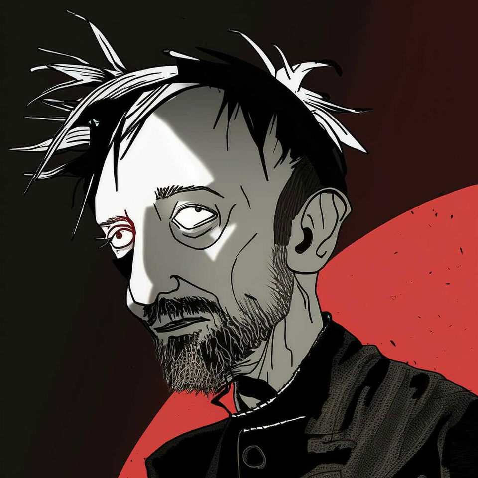 Thom Yorke portrait in stark black-and-white anime ink with red geometric background