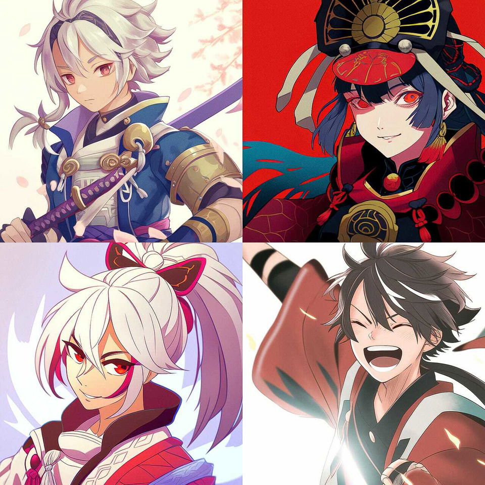 Four anime samurai portraits in historical costumes, with cel shading and bright colors