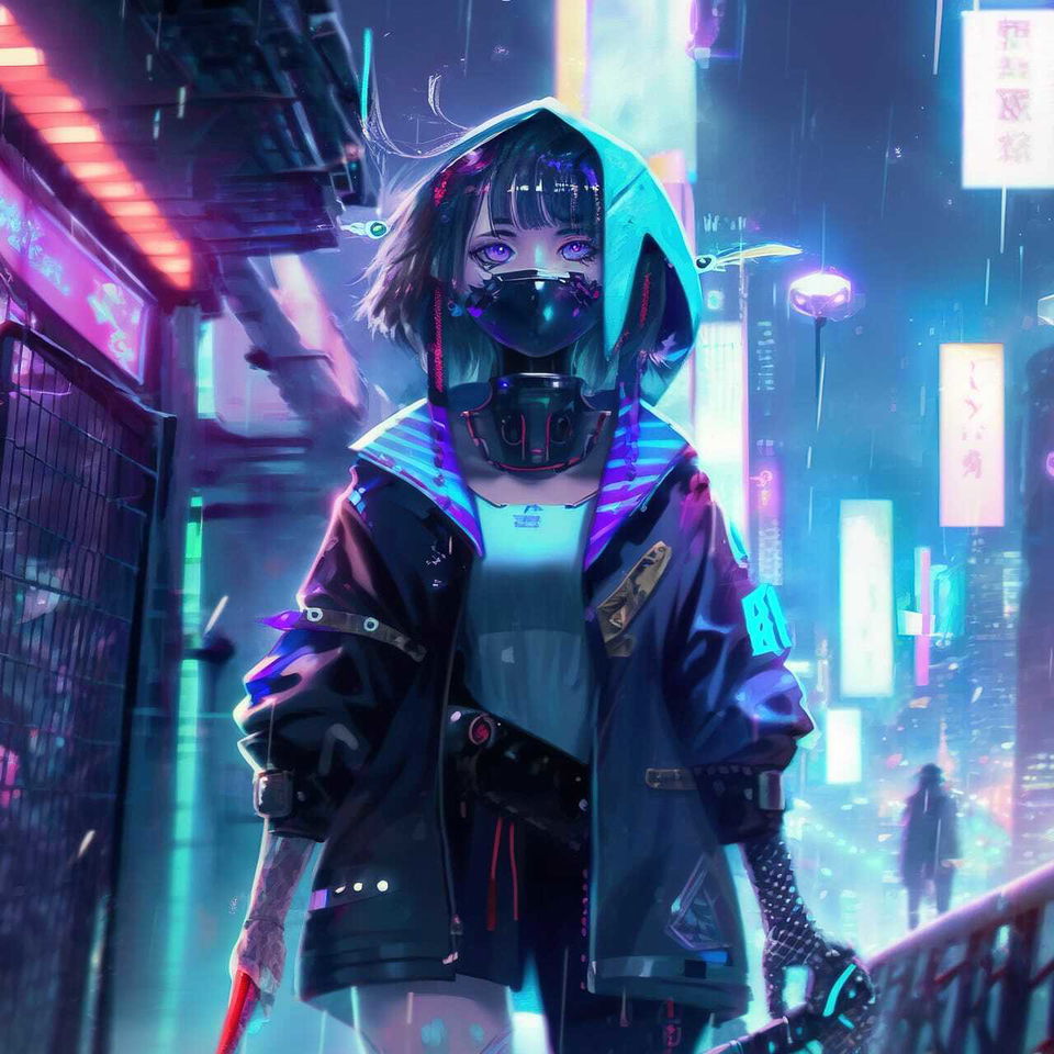 Cyberpunk character in anime style, neon blue and magenta city lighting