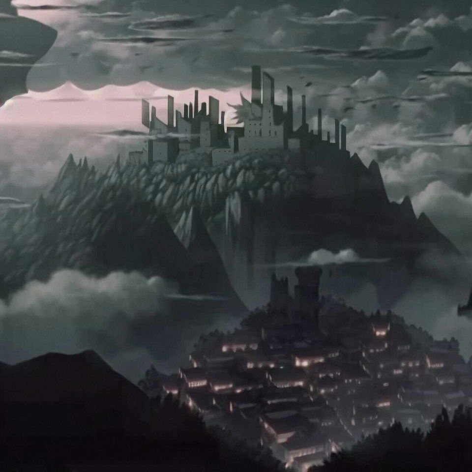 A dark fortress floats over a sleeping town in misty, muted anime-style twilight