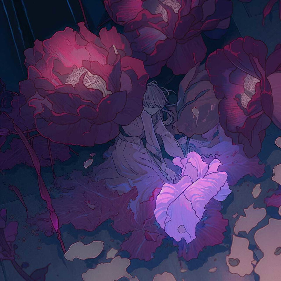 Decaying peonies surrounding a seated figure, in dark anime-style purple and pink lighting