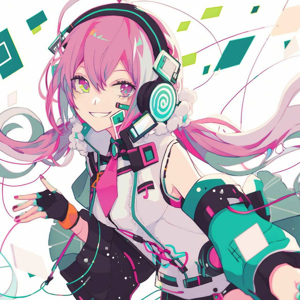 Tech genius teenage girl with headphones in colorful anime art, bright pink and teal palette