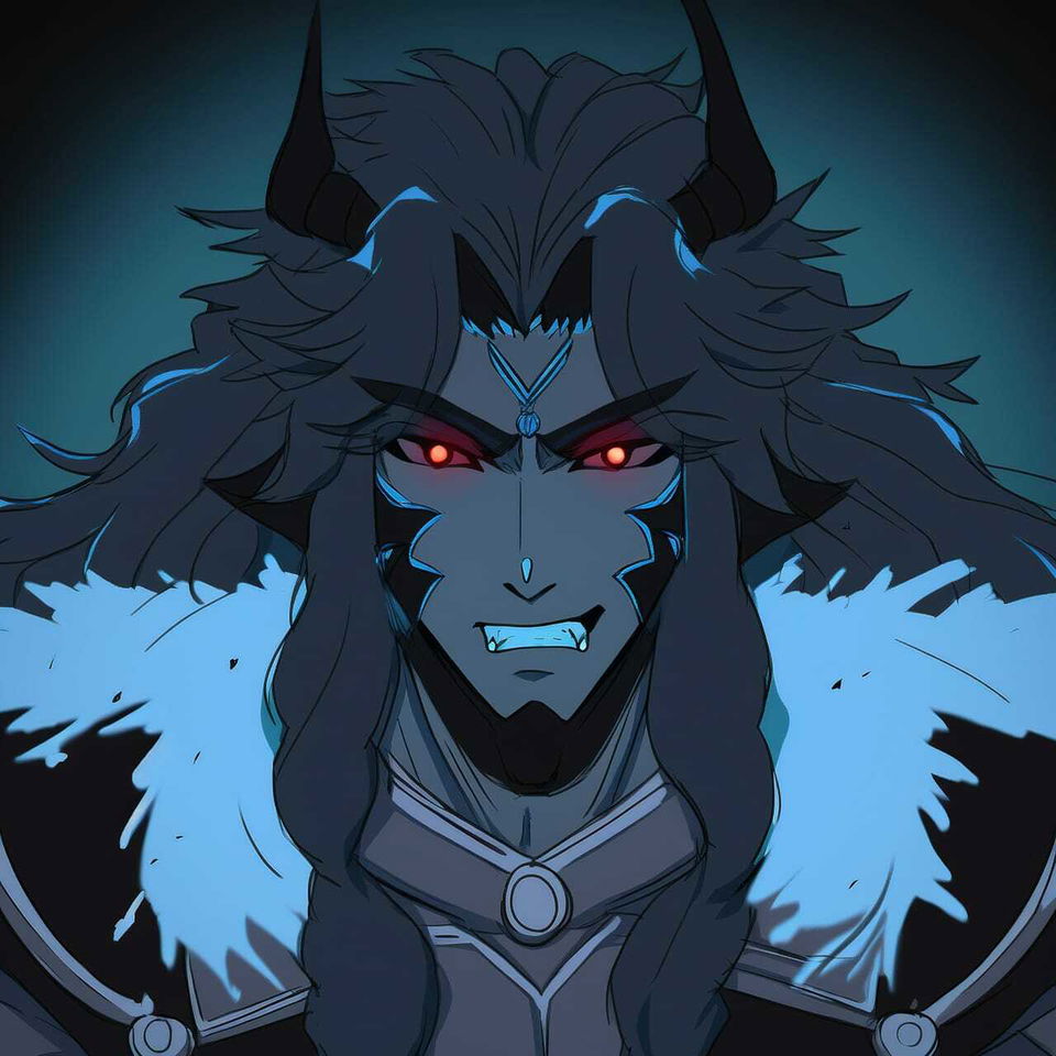 Chernobog, a horned demon with glowing red eyes in dark blue anime-style armor and fur