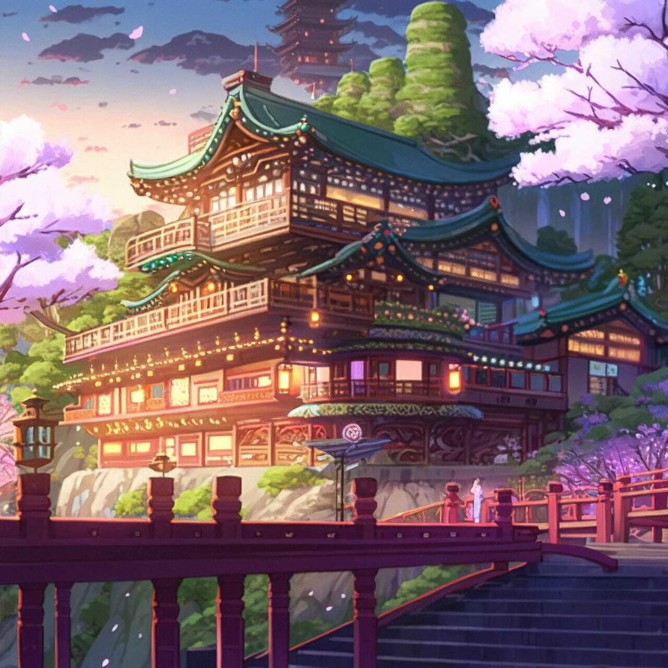 Japanese temple complex amid cherry blossoms, colorful anime-style art with warm lantern light