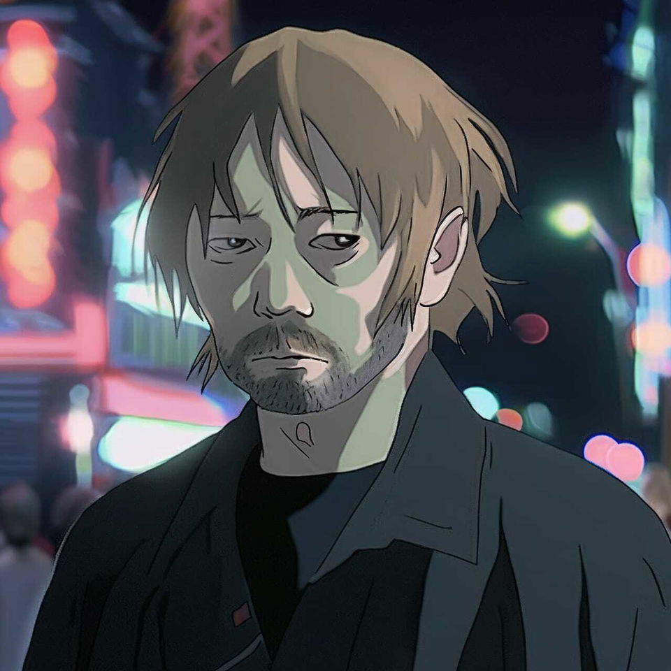 Thom Yorke portrait in anime style, muted tones with neon bokeh lighting