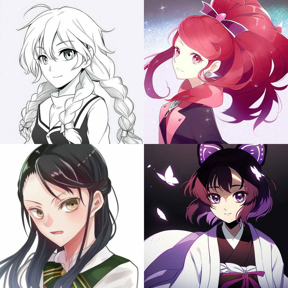 Four female anime portraits with expressive eyes, varied hair, outfits, and bright cel-shaded colors