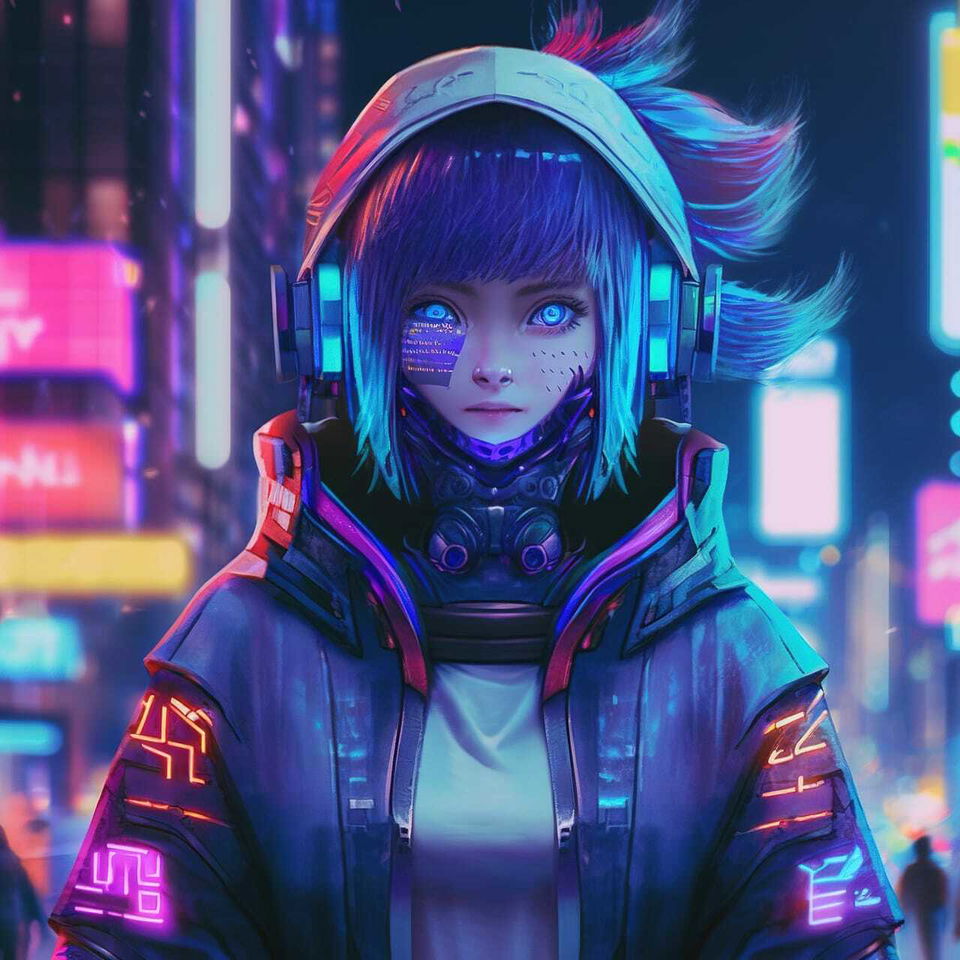 Cyberpunk anime girl with headphones in a neon-lit city, vibrant blue and magenta palette