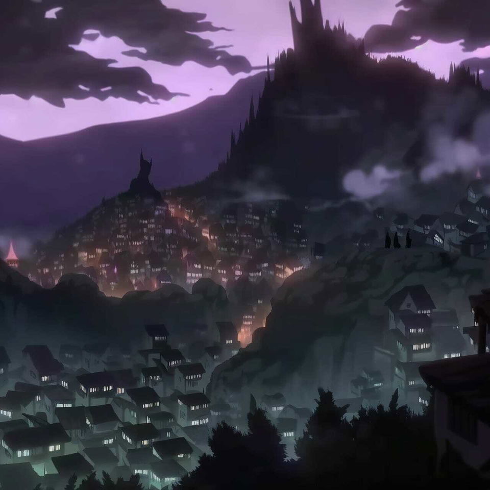 Nazgul overlooking a sleeping mountain town in dark anime style, purple mist and glowing windows