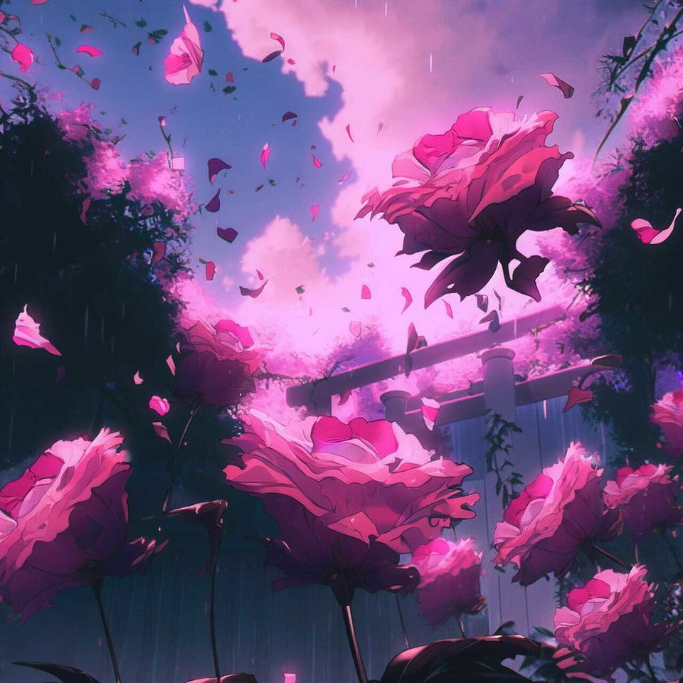 Decaying peonies with drifting petals in vibrant pink and violet anime-style light