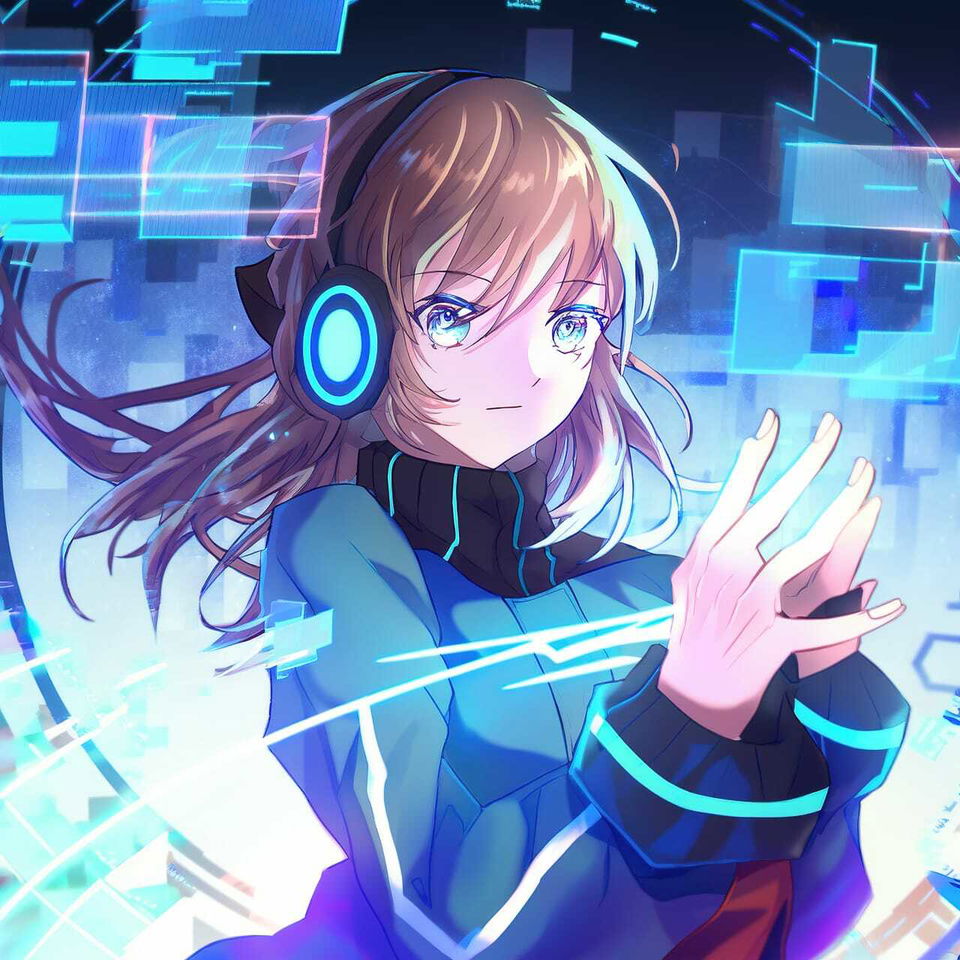 Tech genius teenage girl with headphones amid holographic screens, blue cyberpunk anime lighting