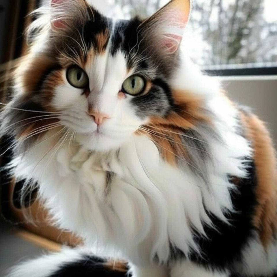 Cute Maine Coon cat with long calico fur, softly lit in warm natural tones