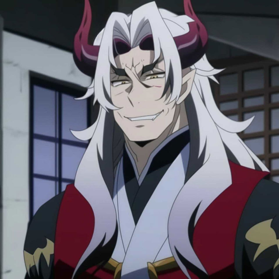 Chernobog, a horned white-haired anime character in a dark red and black outfit