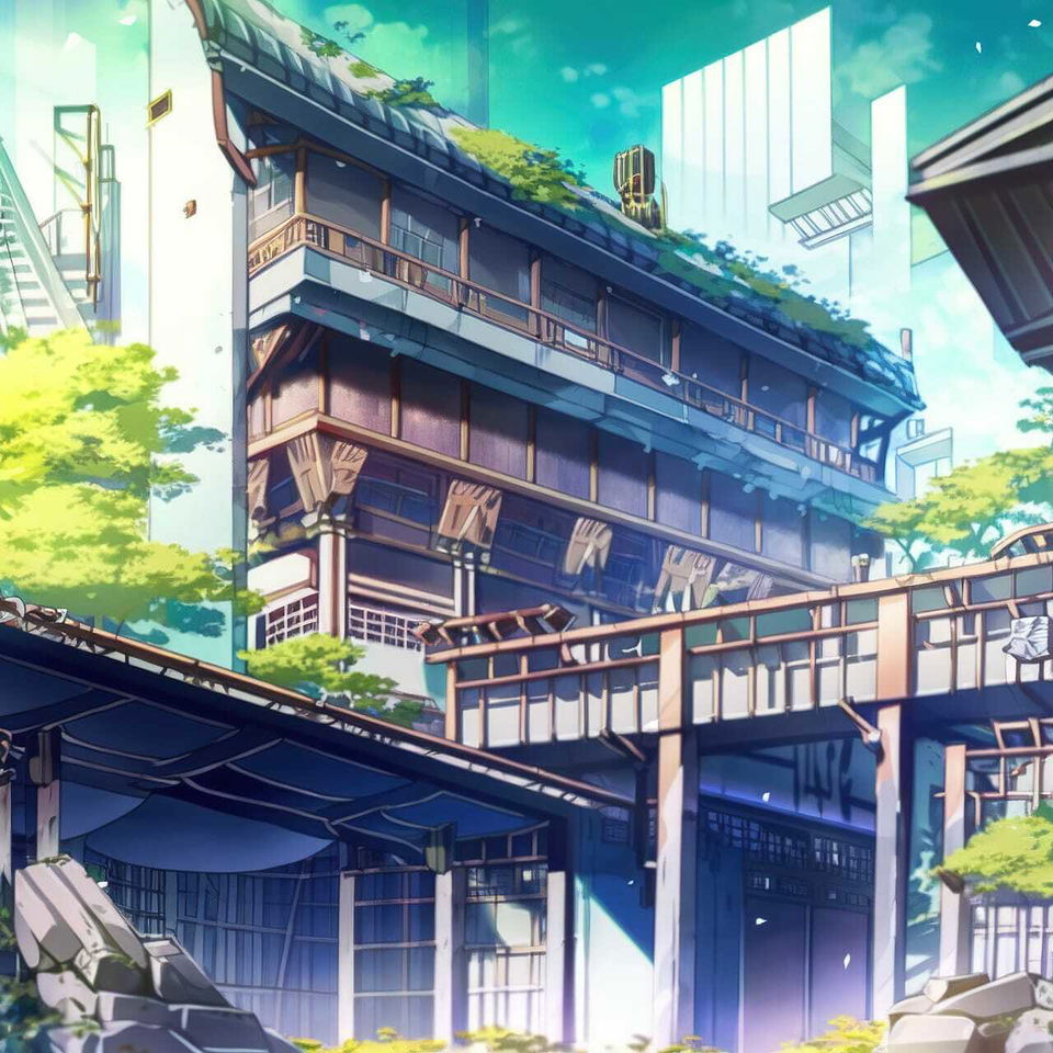 Japanese apartment buildings with rooftop greenery in bright teal and blue anime-style light