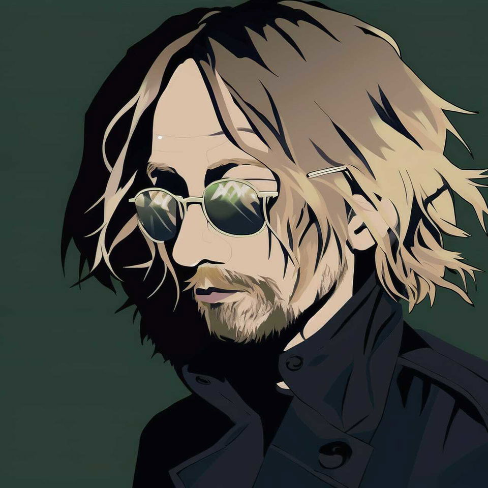 Thom Yorke in anime-style digital illustration with muted beige, black, and dark green tones