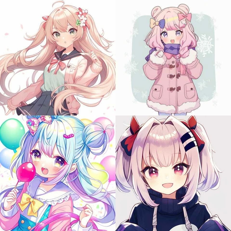 Four cute anime girls with pastel hair, colorful outfits, and soft bright lighting