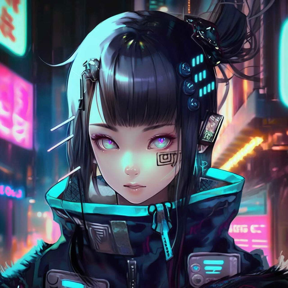Cyberpunk character in kawaii anime style, with neon cyan and magenta lighting