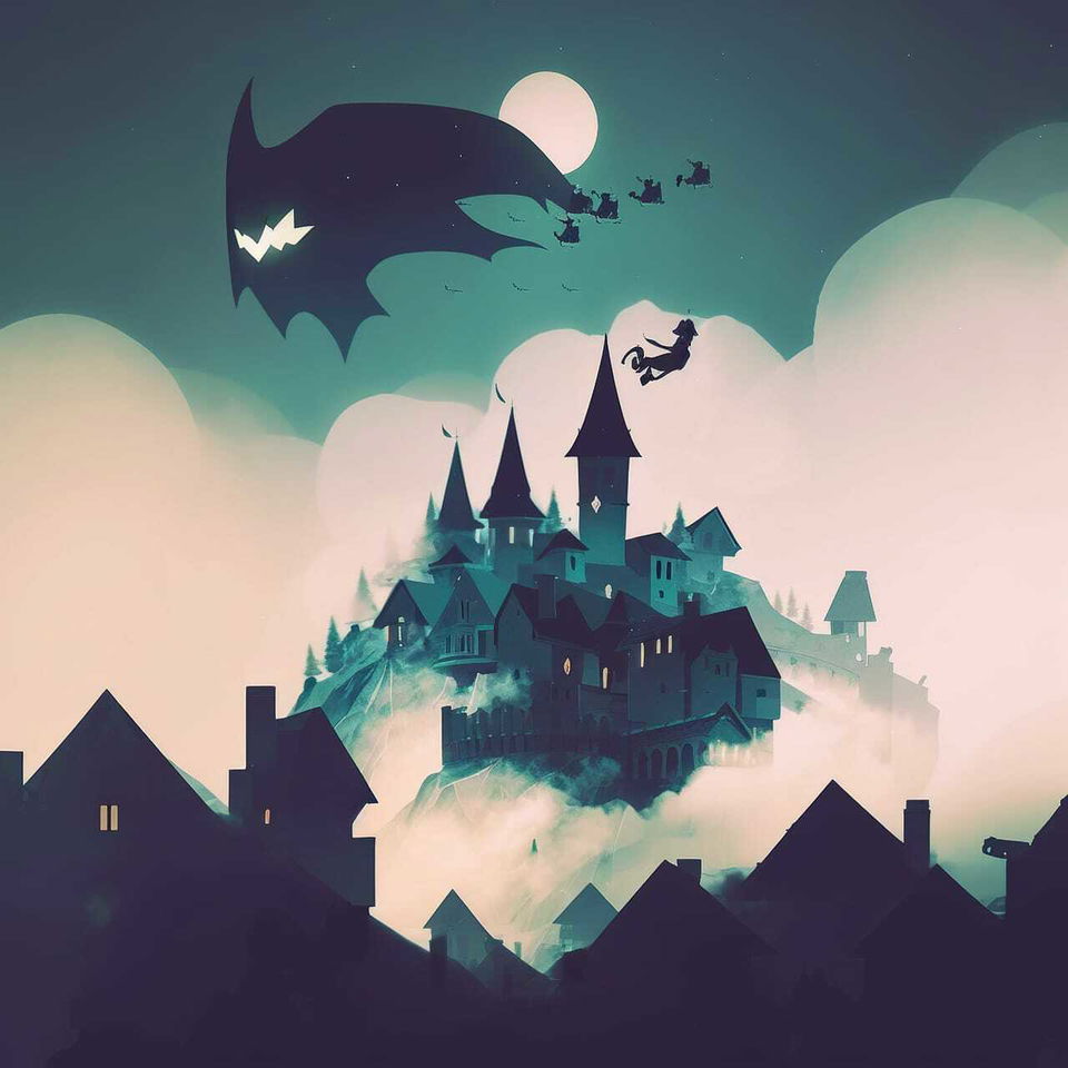 Nazgul flying over a sleeping town and castle in a stylized anime scene with teal moonlight