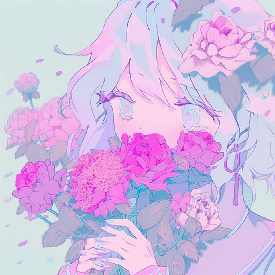 Anime girl surrounded by decaying peonies in soft pastel pinks and purples