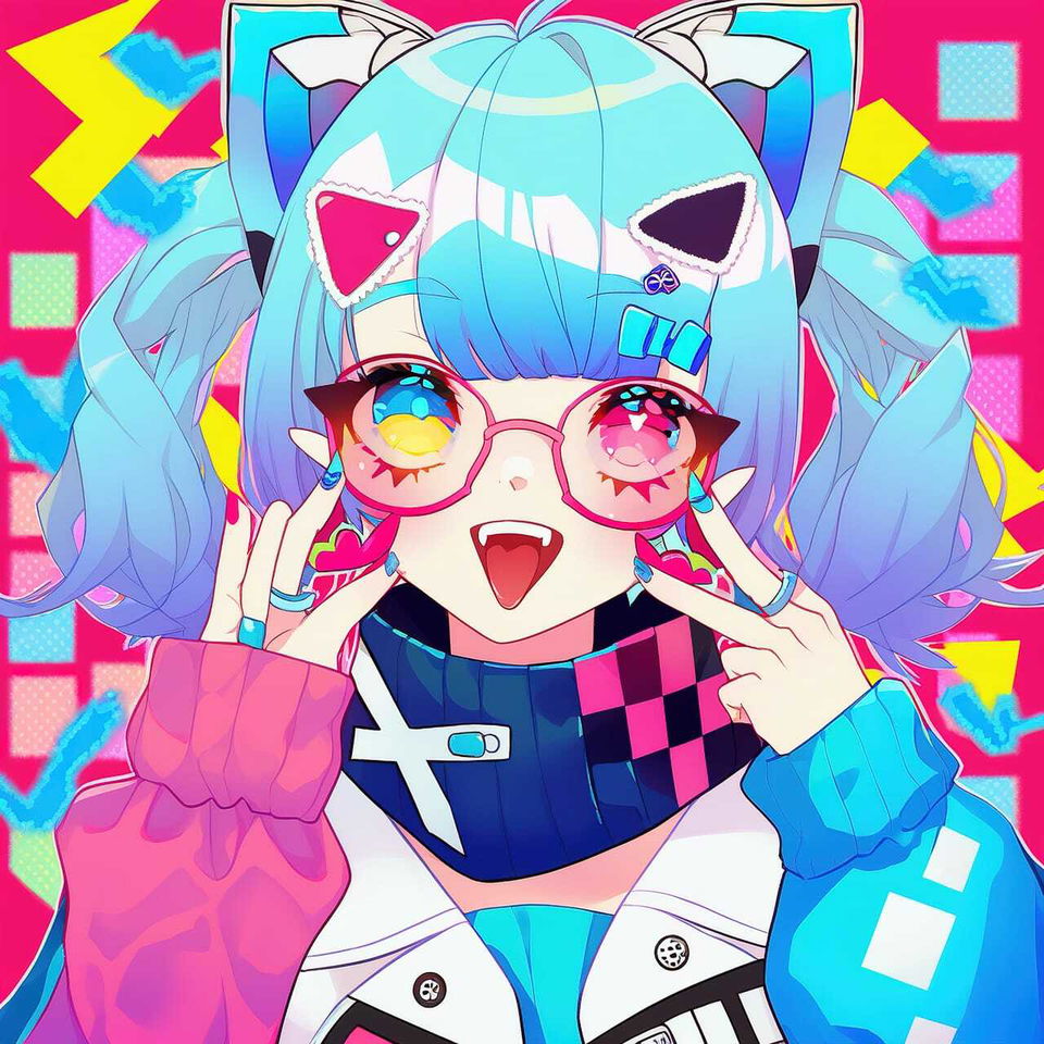 Tech genius teenage girl with cyan hair and glasses in bright kawaii anime colors and lighting