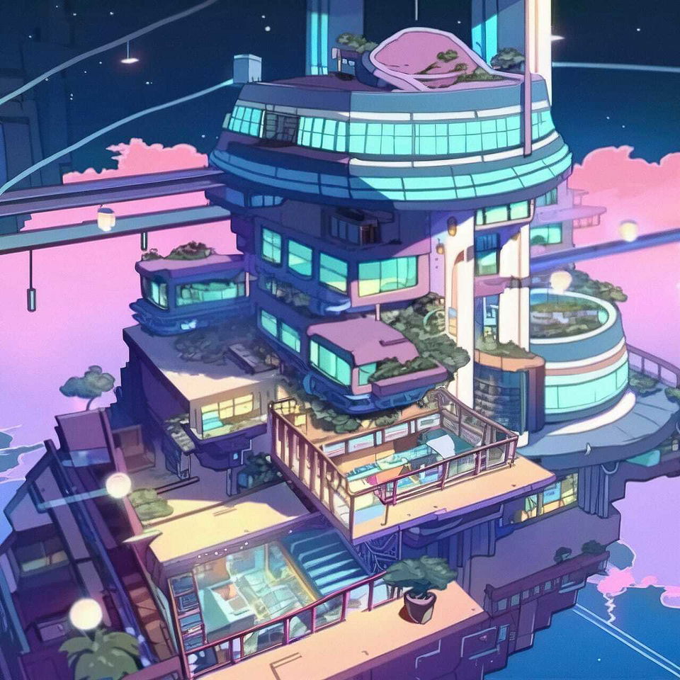 Futuristic bioarchitecture with rooftop gardens, in a kawaii anime style with neon pastel colors