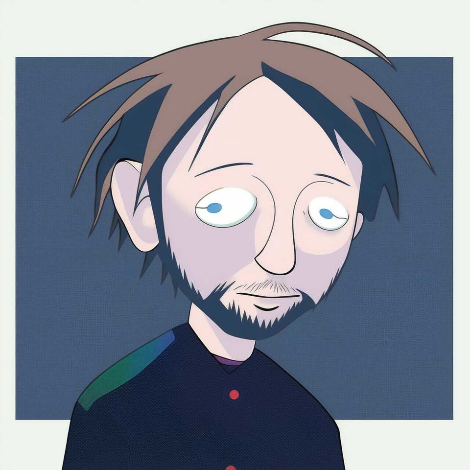 Thom Yorke in kawaii anime style, with flat colors, muted palette, and soft light